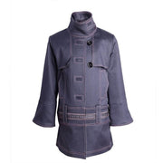 Girls high-neck autumn winter coat in blue cotton blend and light gray wool blend for ages 3-10, double-breasted design.