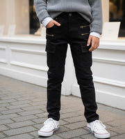 Boys wearing navy blue and black stretch denim casual jeans for ages 4 to 12 years
