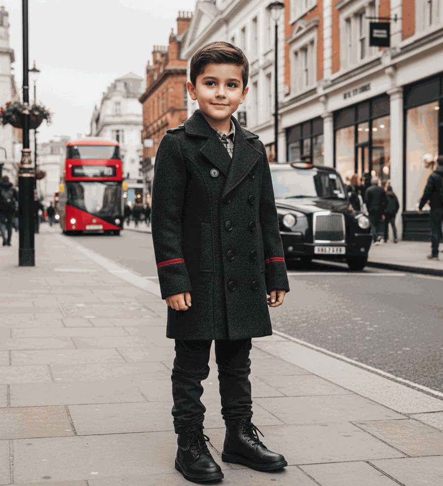 Boy wearing military style wool jacket with double-breasted buttons and structured shoulders