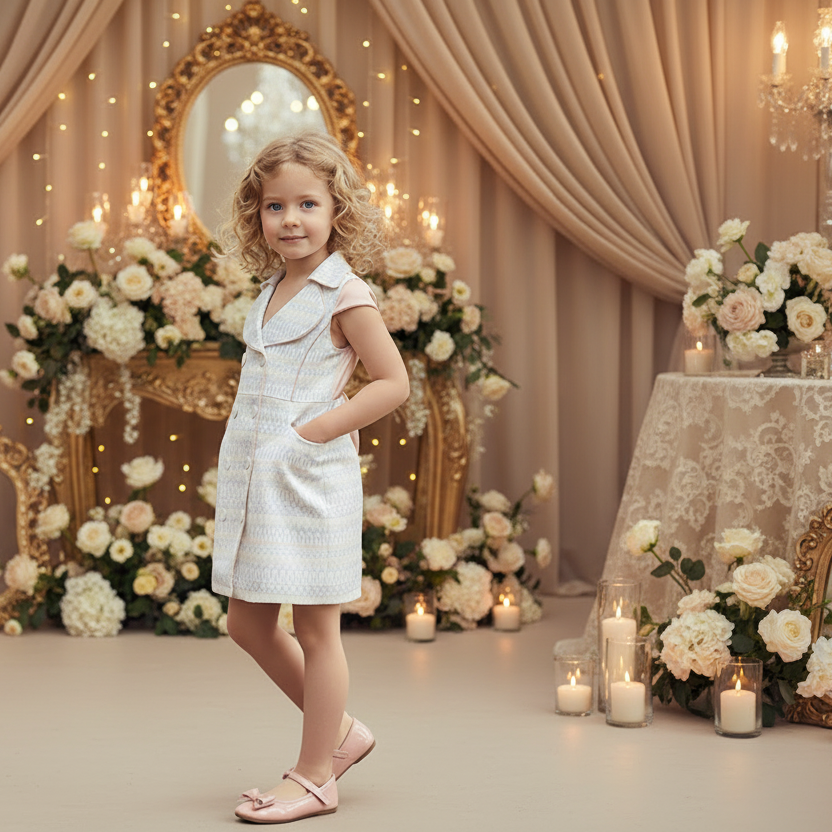 Girls Pink & Blue Occasion Dress – Elegant Double-Breasted A-Line Dress for Weddings, Parties & Holiday Events (Ages 4–10)