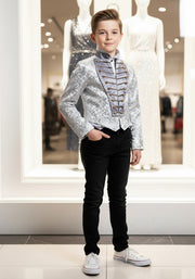 Luxury Boys Brocade Tailcoat Suit – Silver Page Boy Tuxedo Set for Wedding & Formal Occasions (Ages 6–14)