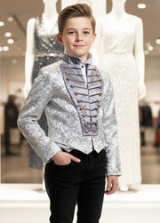 Luxury Boys Brocade Tailcoat Suit – Silver Page Boy Tuxedo Set for Wedding & Formal Occasions (Ages 6–14)