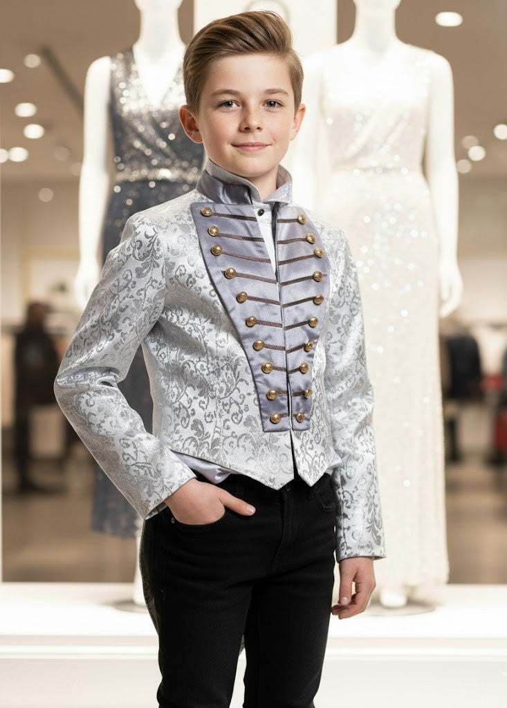 Luxury Boys Brocade Tailcoat Suit – Silver Page Boy Tuxedo Set for Wedding & Formal Occasions (Ages 6–14)