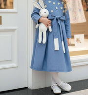 Girls vintage blue cotton dress with soft lining and elegant long princess silhouette for ages 3 to 10
