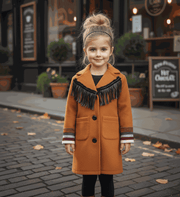 Cream and orange girls woolen long winter coat for ages 3-10 years with button closure and full lining
