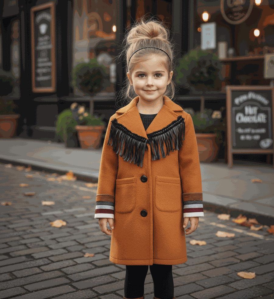 Cream and orange girls woolen long winter coat for ages 3-10 years with button closure and full lining