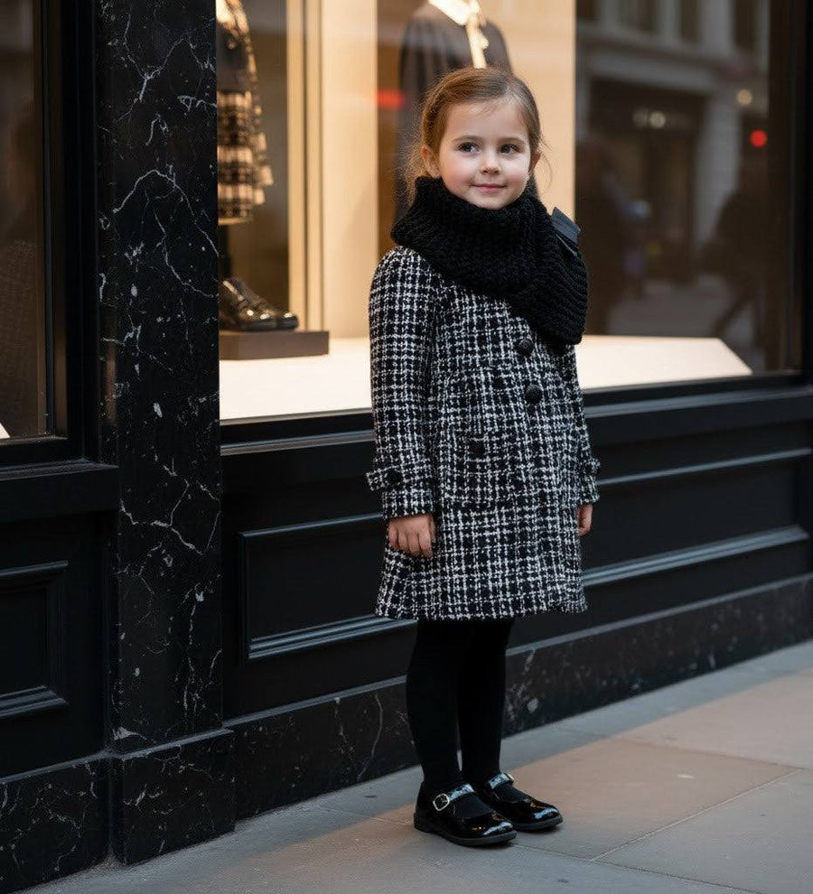 Young girl wearing elegant red cashmere long coat with black bow, perfect autumn winter wear for ages 3-5 years