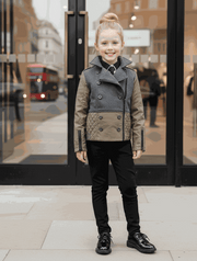 Girls short trench coat in deep green and dark gray with color block design for autumn winter kids ages 4-12