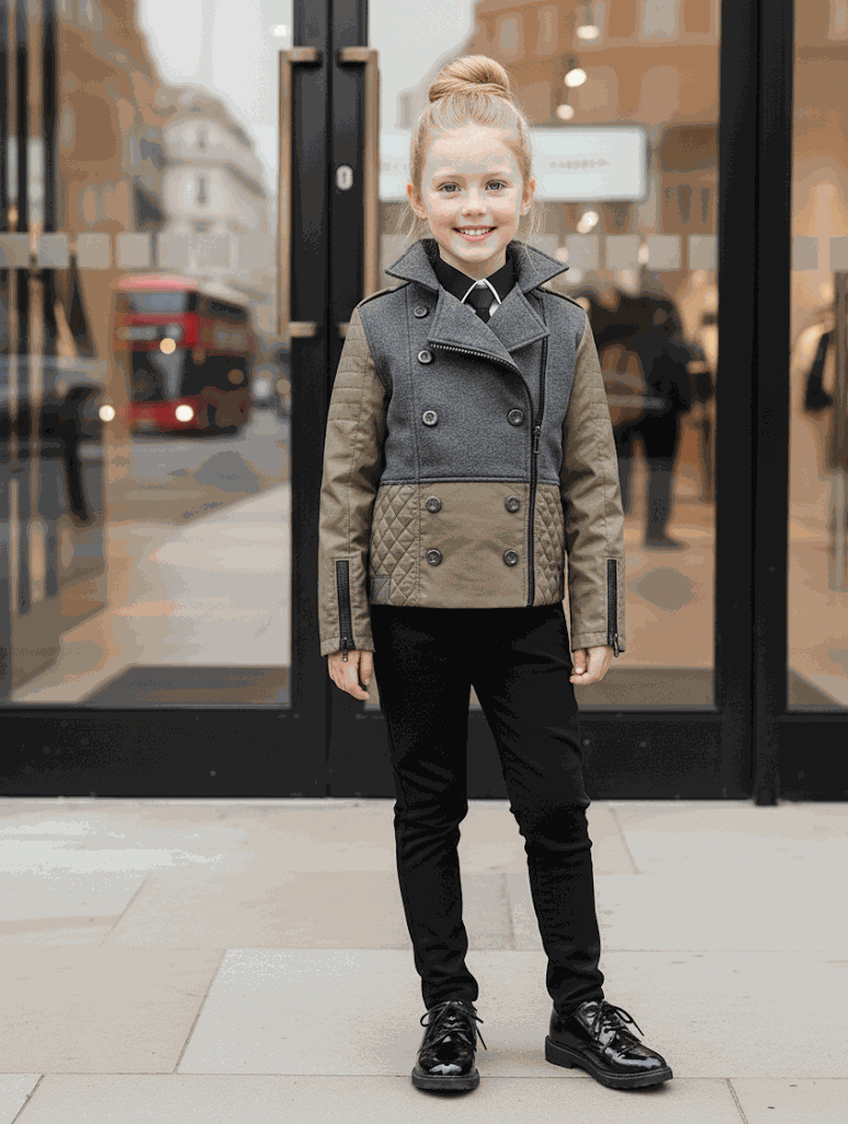 Girls short trench coat in deep green and dark gray with color block design for autumn winter kids ages 4-12