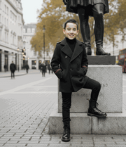 Boys military style wool jacket with double-breasted design and cashmere-soft finish for ages 3-9