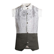 Girl wearing vintage lace vest sleeveless long cardigan layered over casual outfit