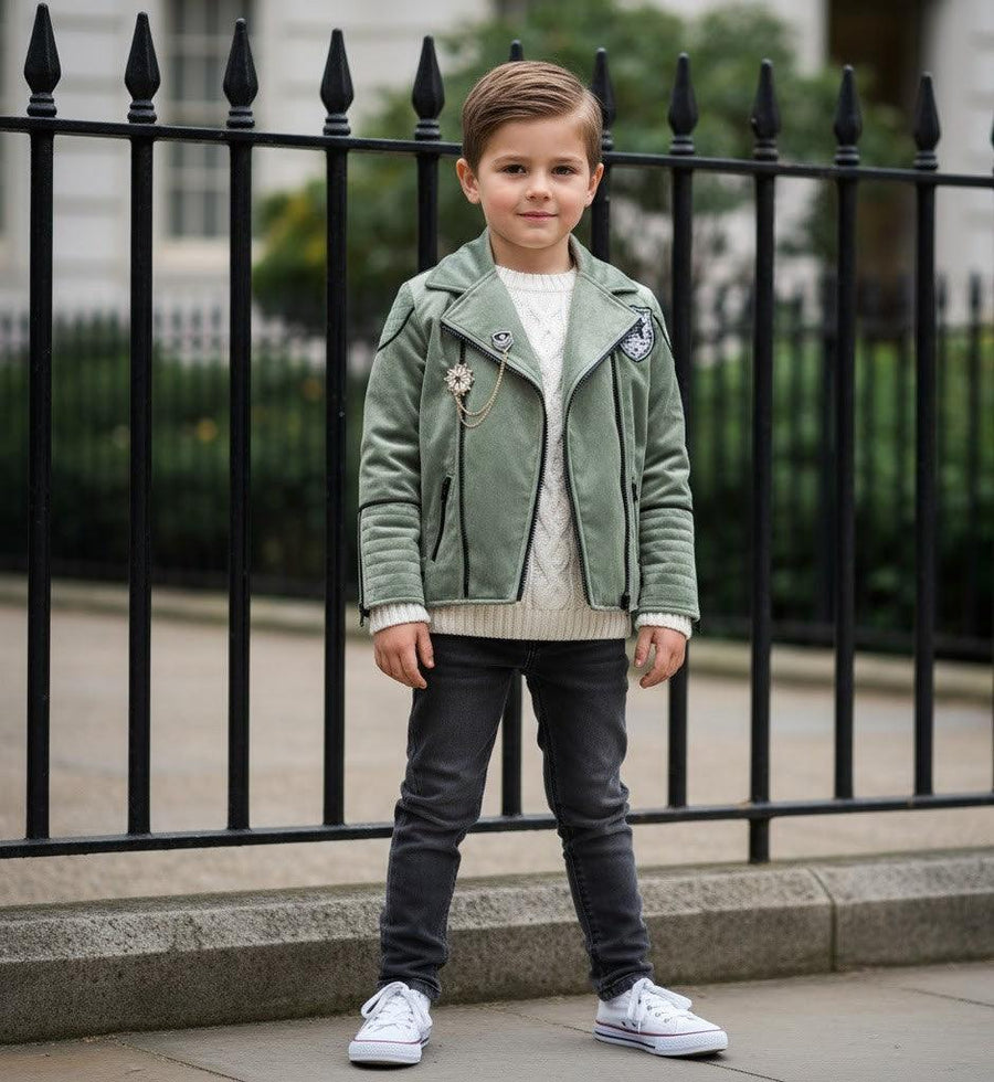 Light grey and green boys' velvet jacket with color block design for kids aged 3-10, stylish fall/winter casual outerwear