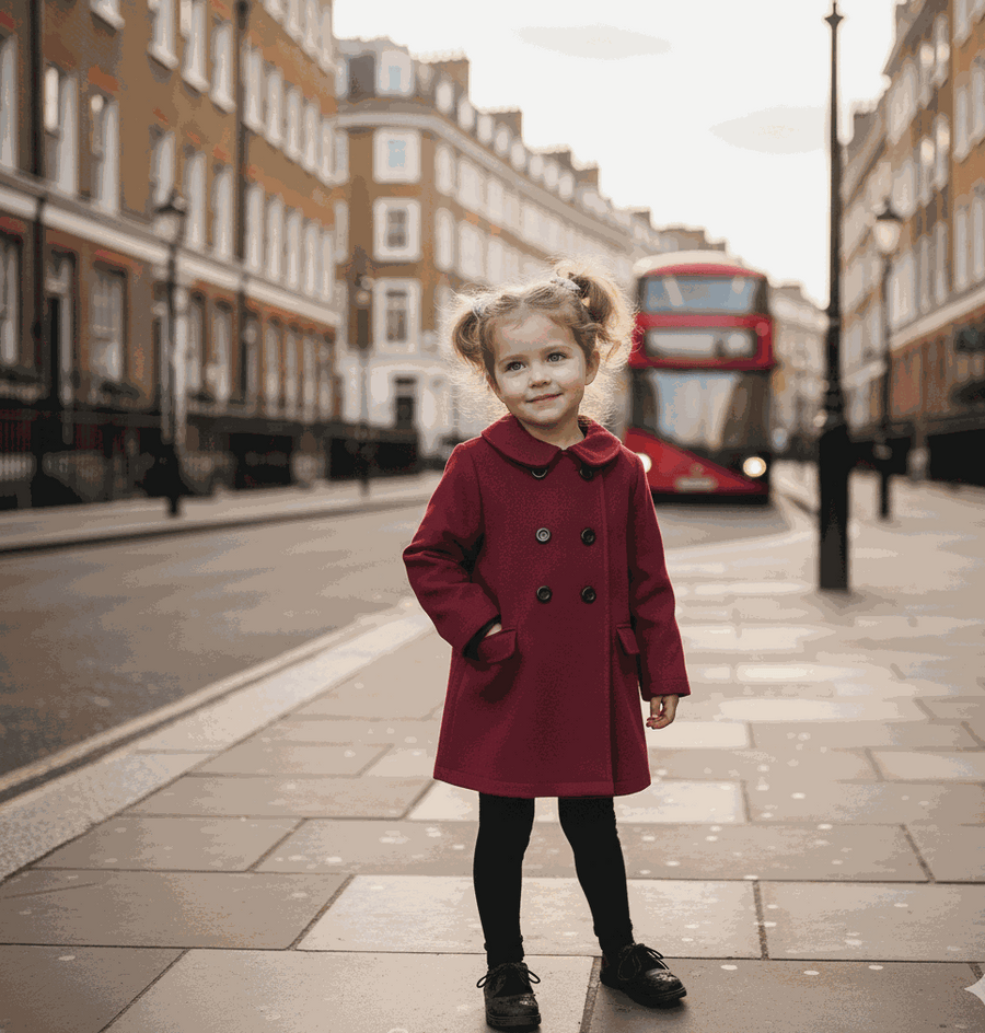 Wine red girls cashmere long coat baby doll style for toddlers aged 2-5 years