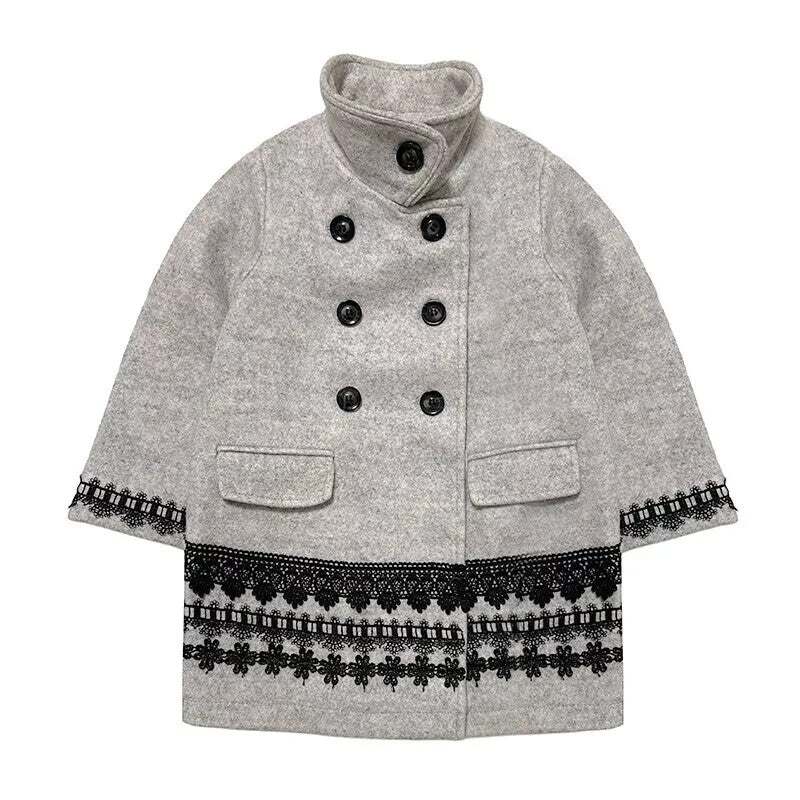 Girls woolen coat with vintage lace, flared doll-style design for ages 2-5, grey outerwear.
