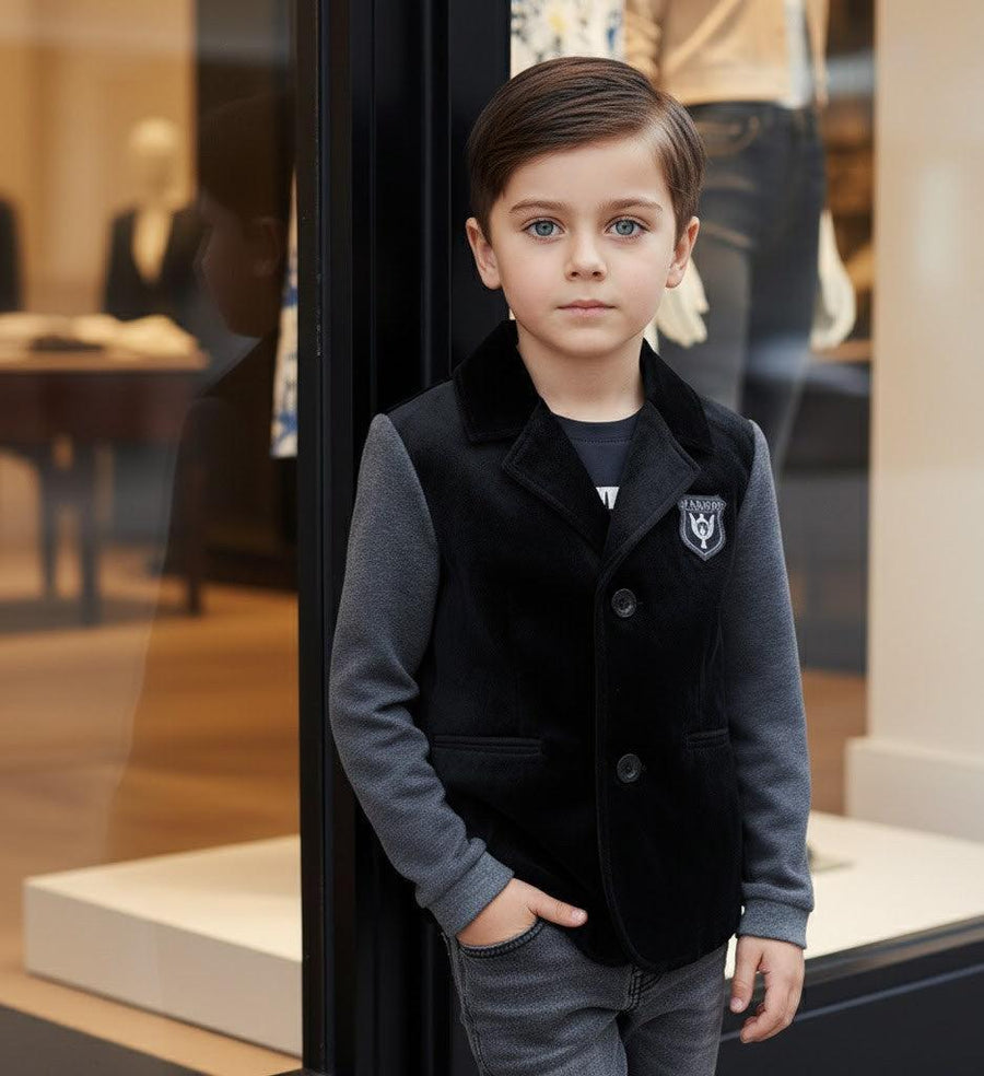 Toddler boy wearing white grey velvet blazer stylish casual jacket autumn spring ages 3-7 years