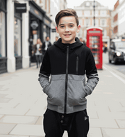 Black boys zip-up hoodie with splicing design for ages 3-9, casual cotton-blend jacket with hood and front pockets