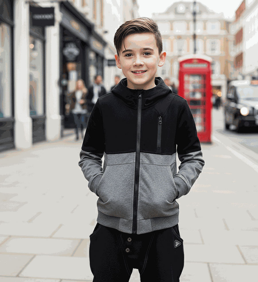Black boys zip-up hoodie with splicing design for ages 3-9, casual cotton-blend jacket with hood and front pockets
