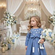 Girls vintage blue cotton dress with soft lining and elegant long princess silhouette for ages 3–10