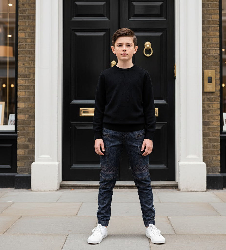 Boys wearing navy blue and black stretch denim casual jeans for ages 4 to 12 years