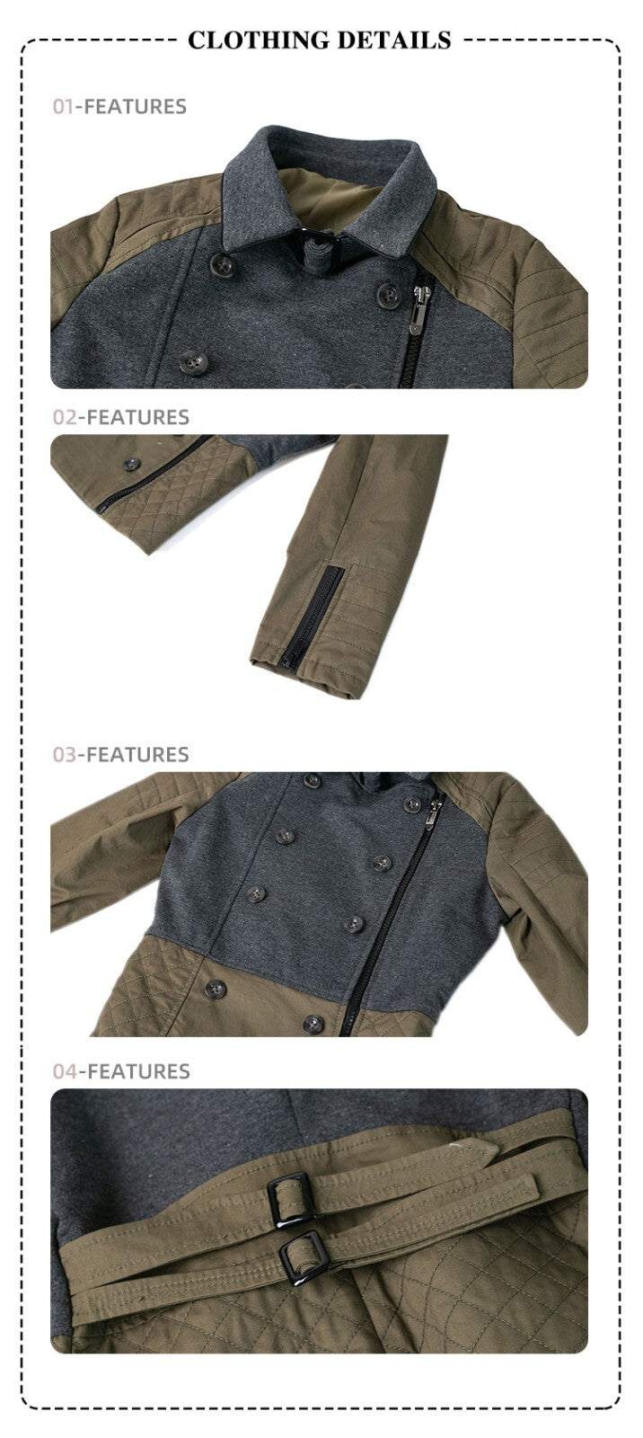 Girls short trench coat in deep green and dark gray, stylish autumn winter cotton jacket for kids aged 4-12 years