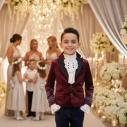 Boys dark red velvet blazer with vintage lace detail for formal events ages 6-14