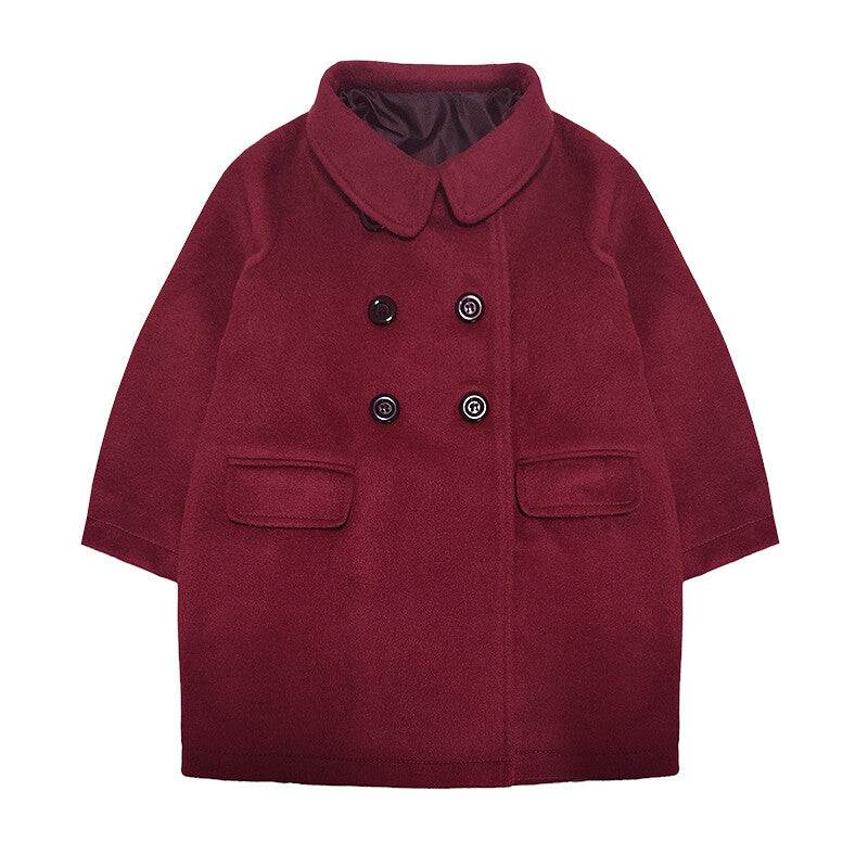 Wine red girls cashmere long coat baby doll style for toddlers aged 2-5 years