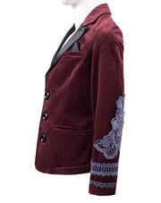 Boys dark red velvet blazer with vintage lace detail for formal occasions