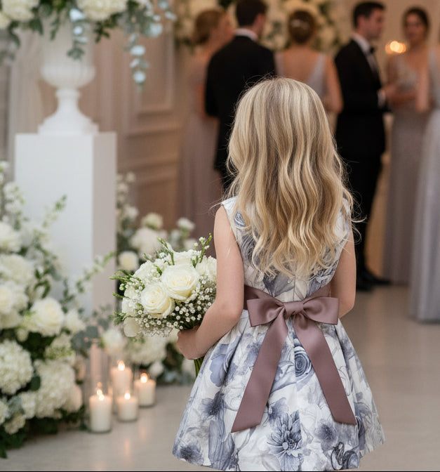 Girls smoke grey floral sleeveless A-line dress with elegant bow for weddings and special occasions