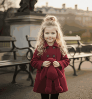 Toddler girl wearing wine red cashmere long coat baby doll style ages 2 to 5
