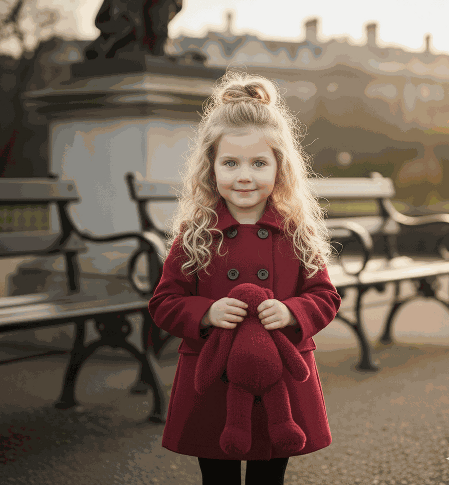 Toddler girl wearing wine red cashmere long coat baby doll style ages 2 to 5