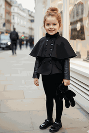 Girls black wool cape coat in baby doll style for ages 4-7 years, warm winter outerwear