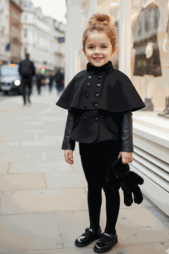 Girls black wool cape coat in baby doll style for ages 4-7 years, warm winter outerwear