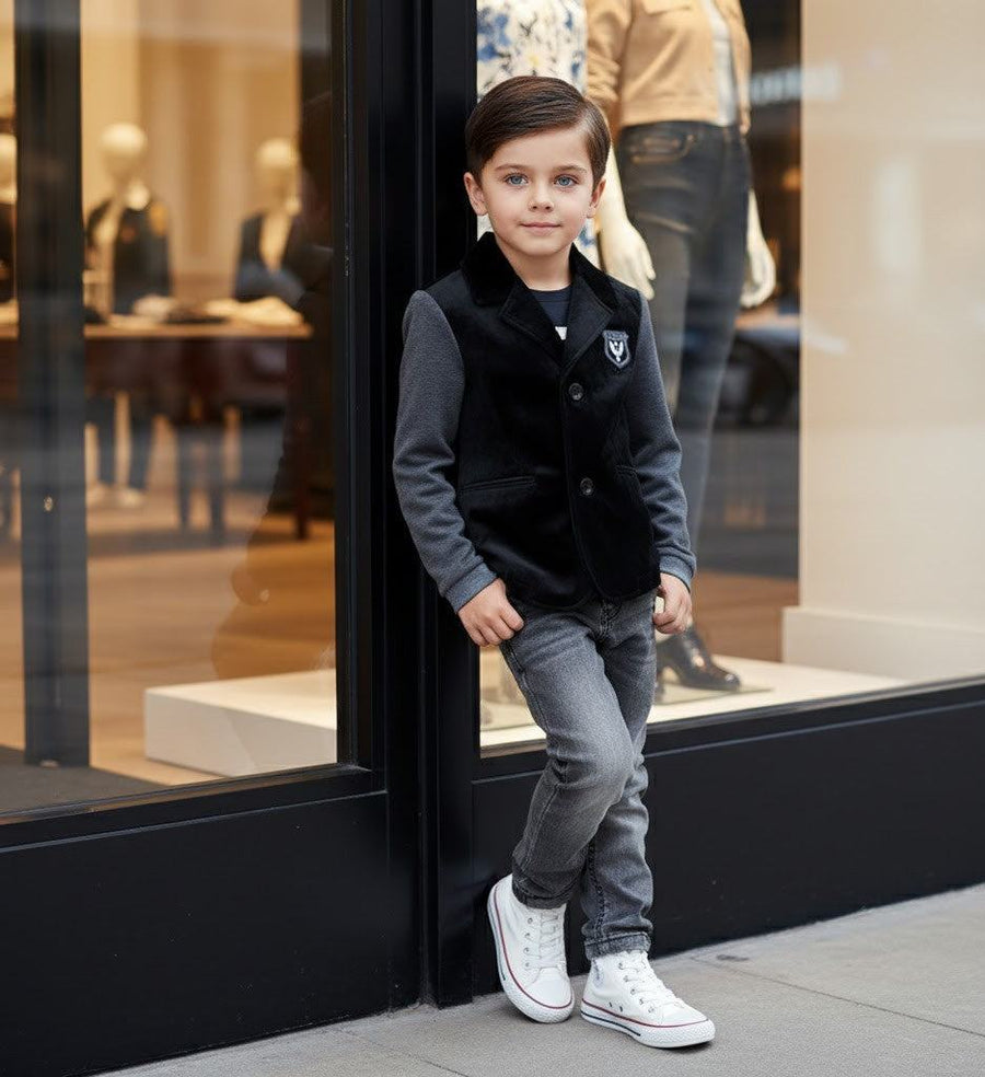 Boys white grey velvet blazer stylish casual short jacket for kids ages 3-7 years autumn spring wear