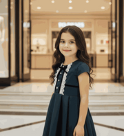 Girls dark green lace dress vintage cotton A-line for ages 3 to 7 with white lace detailing