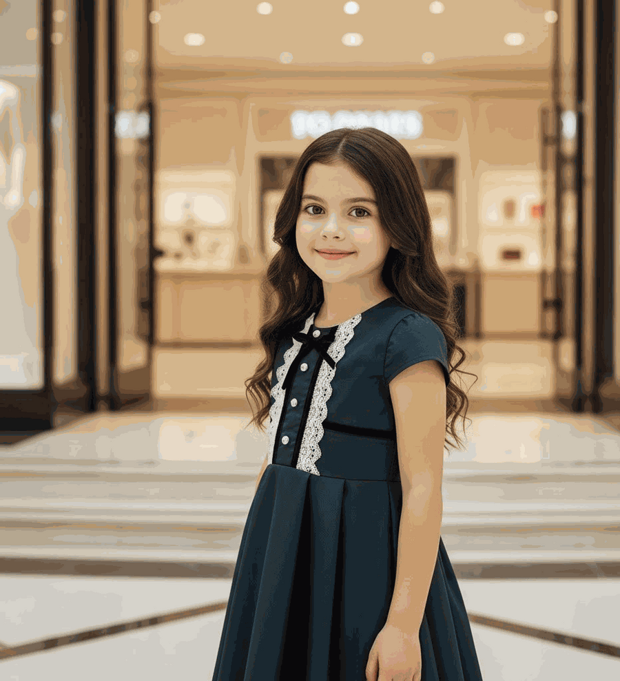 Girls dark green lace dress vintage cotton A-line for ages 3 to 7 with white lace detailing