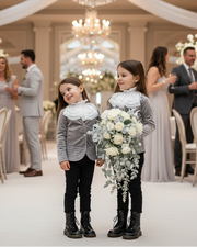 Girls Silver Grey Velvet Blazer with Lace Collar – Vintage Princess Jacket for Weddings, Parties & Formal Wear (Ages 3–10)