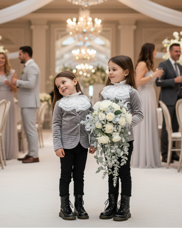 Girls Silver Grey Velvet Blazer with Lace Collar – Vintage Princess Jacket for Weddings, Parties & Formal Wear (Ages 3–10)
