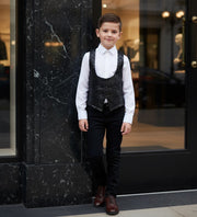 Boys black brocade waistcoat with tailored fit and button-front closure for weddings and formal occasions