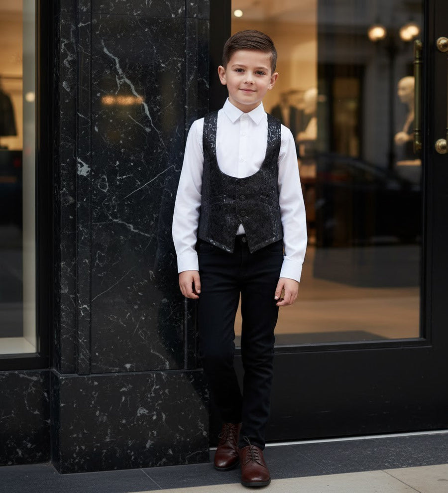 Boys black brocade waistcoat with tailored fit and button-front closure for weddings and formal occasions