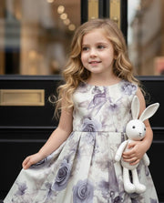 Girls smoke grey floral sleeveless A-line flower girl dress with elegant bow for weddings and special occasions