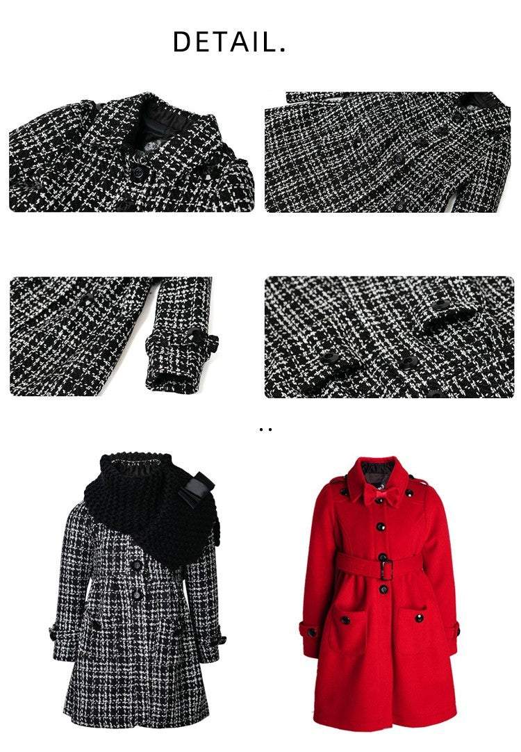 Girl wearing elegant red cashmere long coat with black bow detail, winter autumn wear ages 3-5 years