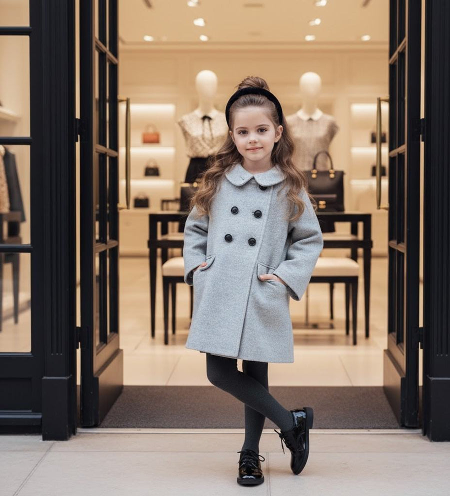Girls woolen coat with vintage lace, flared design, and button-up front for ages 2-5 years in grey.