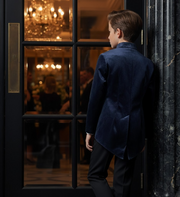 Boys navy velvet tuxedo blazer with satin lapel slim fit formal jacket for weddings and parties