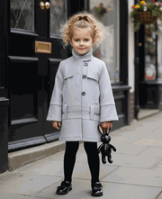 Girls high-neck autumn winter coat for ages 3-10 in two fabric options blue cotton blend and light gray wool blend double-breasted design clearance sale
