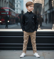 Boys Black Cotton Long Sleeve Shirt – Lightweight & Stylish Top for Ages 3-7 YeaBoys Black Cotton Shirt – Lightweight Long Sleeve Page Boy Shirt for Wedding & Formal Occasions (Ages 3–7)