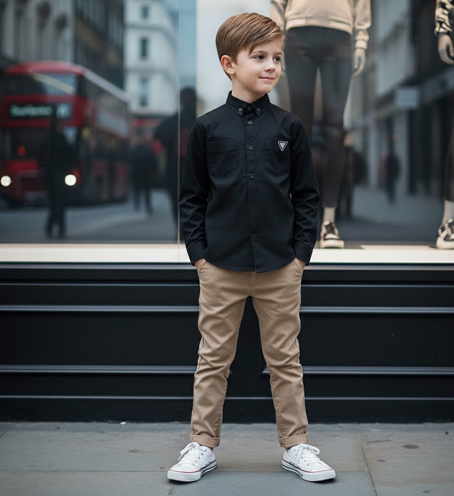 Boys Black Cotton Long Sleeve Shirt – Lightweight & Stylish Top for Ages 3-7 YeaBoys Black Cotton Shirt – Lightweight Long Sleeve Page Boy Shirt for Wedding & Formal Occasions (Ages 3–7)
