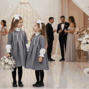 Girls vintage floral and grey A-line dress for flower girls aged 3-7, perfect for weddings and autumn occasions