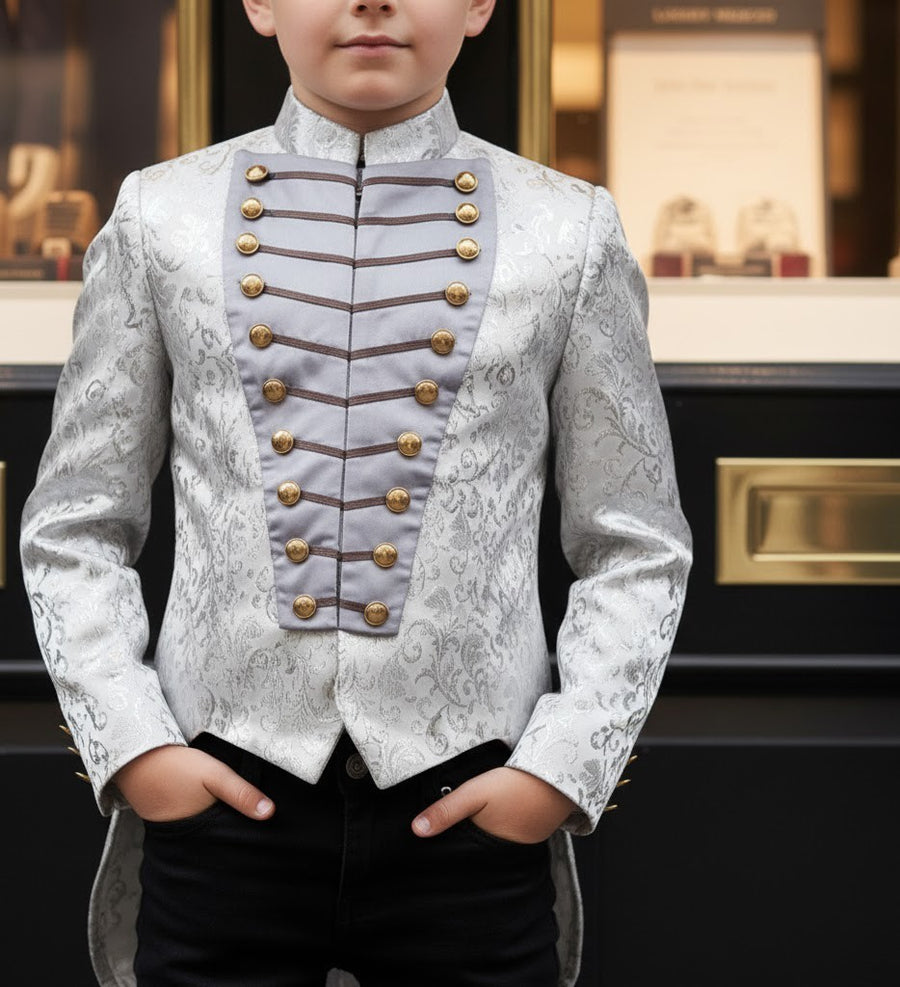 Luxury Boys Brocade Tailcoat Suit – Silver Page Boy Tuxedo Set for Wedding & Formal Occasions (Ages 6–14)