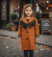 Girls woolen long winter coat in cream and orange for ages 3-12 years