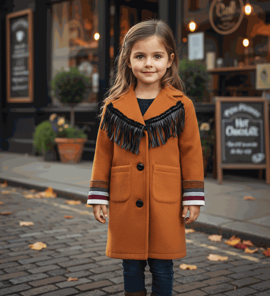 Girls woolen long winter coat in cream and orange for ages 3-12 years